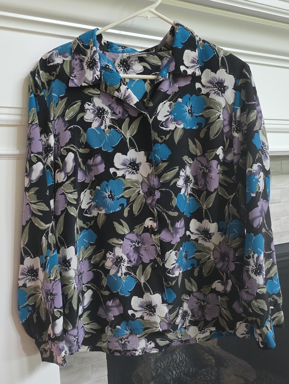 Women's Floral Button-Down Shirt in Black with Blue & Lavender Blooms